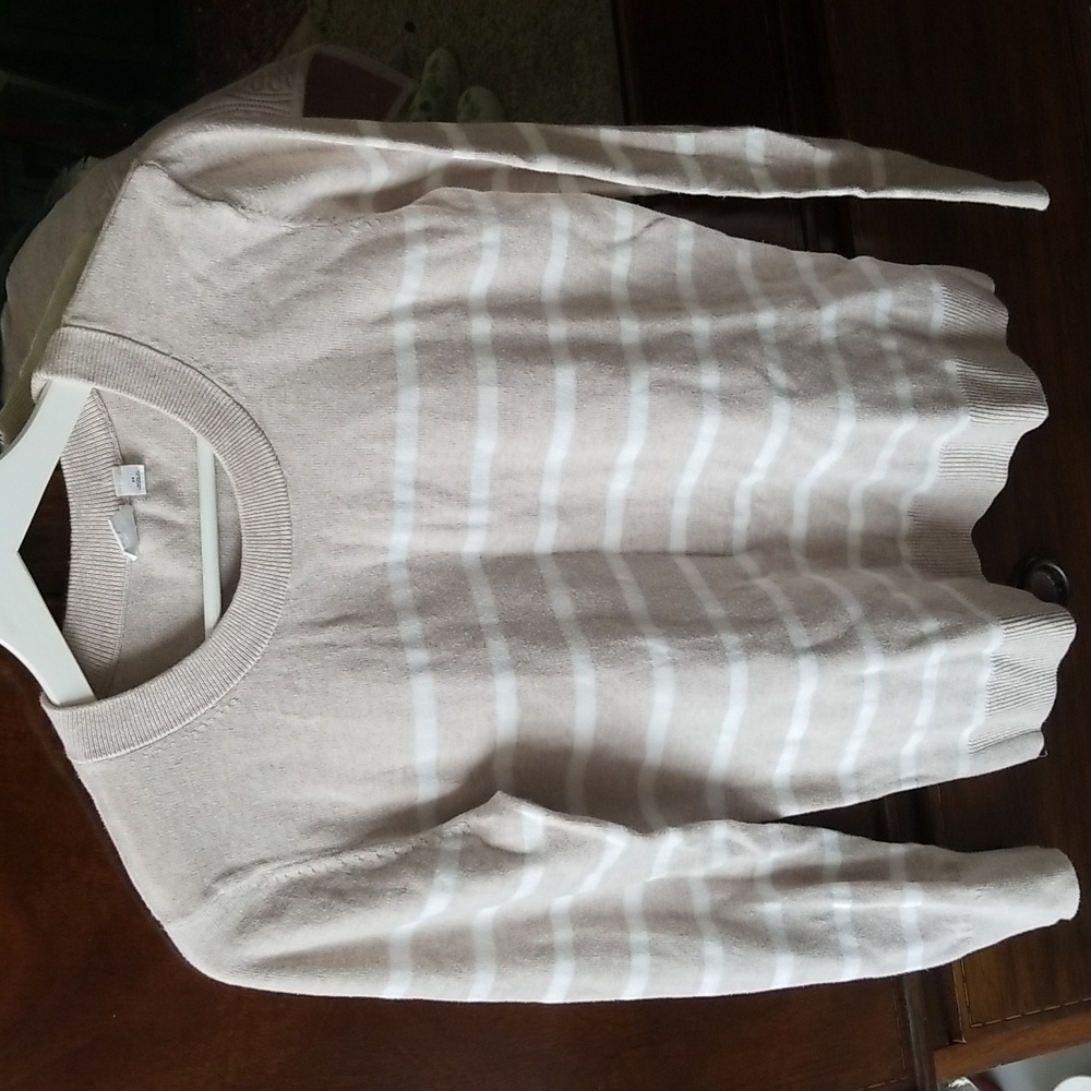 GAP Beige and White Striped Crewneck Sweater